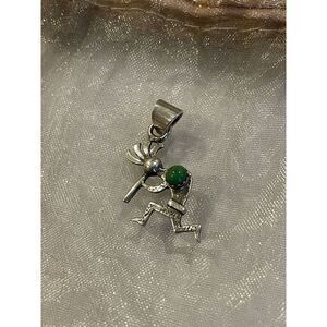 Sterling Silver Kokopelli Small Green Round Stone Malachite Pendant
